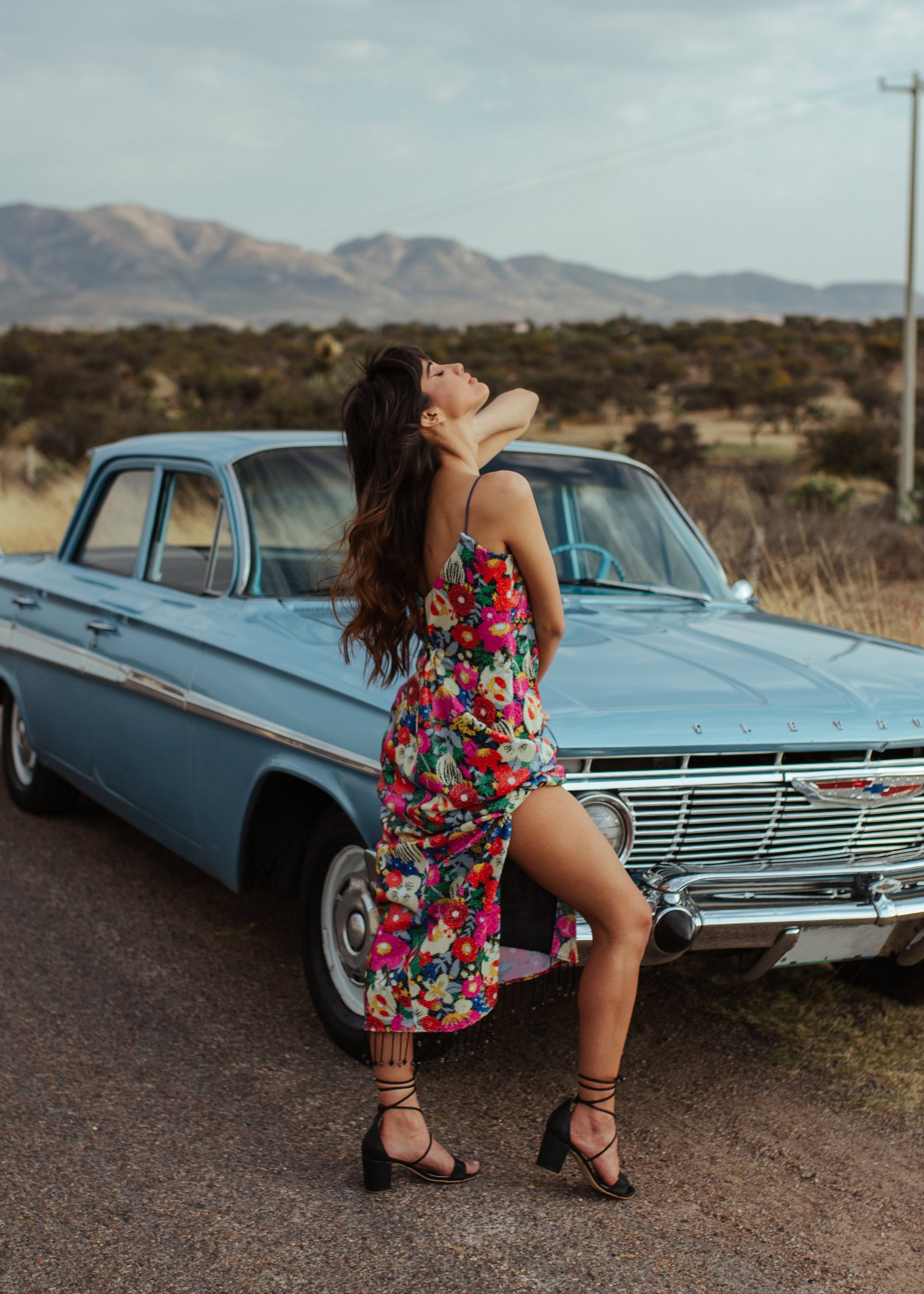 Robe à paillettes avec des franges de cristaux tout le long de la robe.